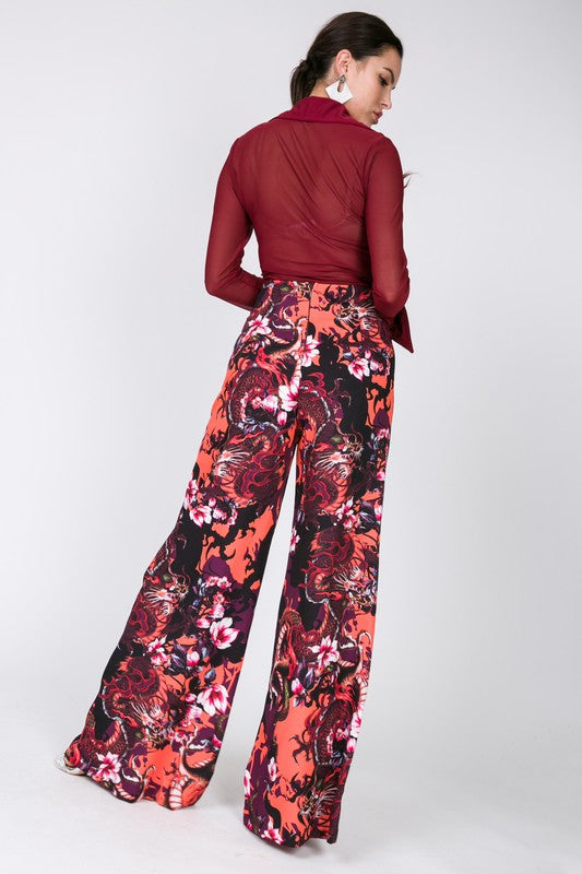 Late Night Red Floral Print Wide-Leg Pants