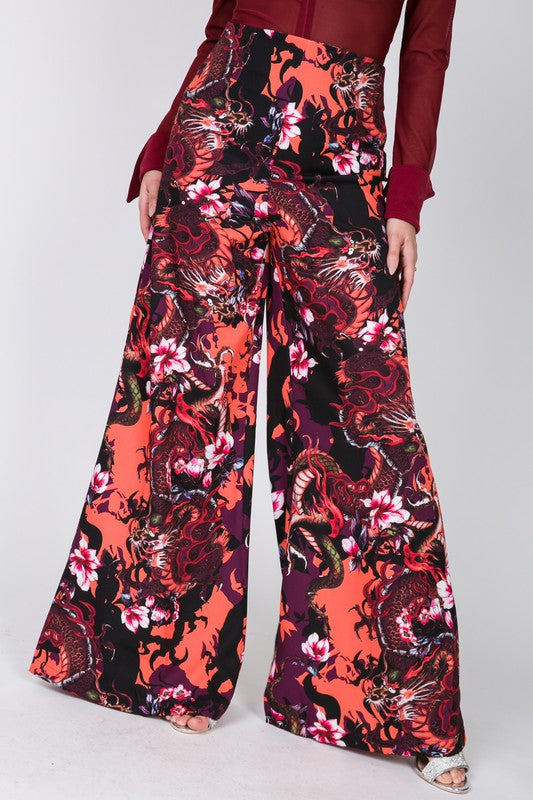 Late Night Red Floral Print Wide-Leg Pants