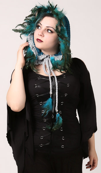 Handmade Turquoise Feathered Elf/Witch/Fairy Winter Hood