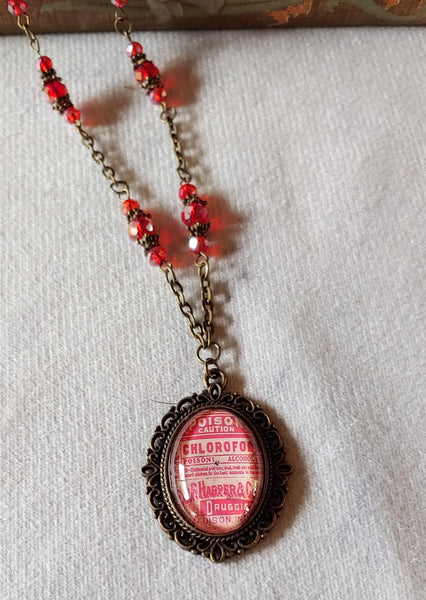 Red Poison Bottle Label Cameo Necklace