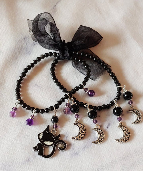Black Cat Obsidian & Amethyst Bracelet Set