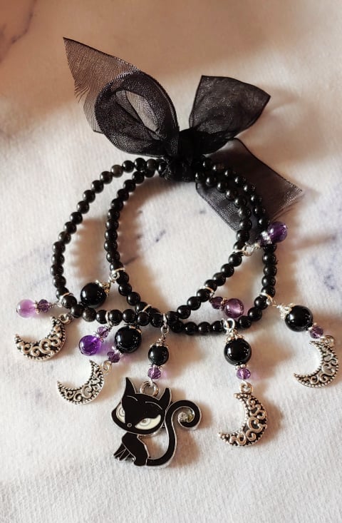 Black Cat Obsidian & Amethyst Bracelet Set