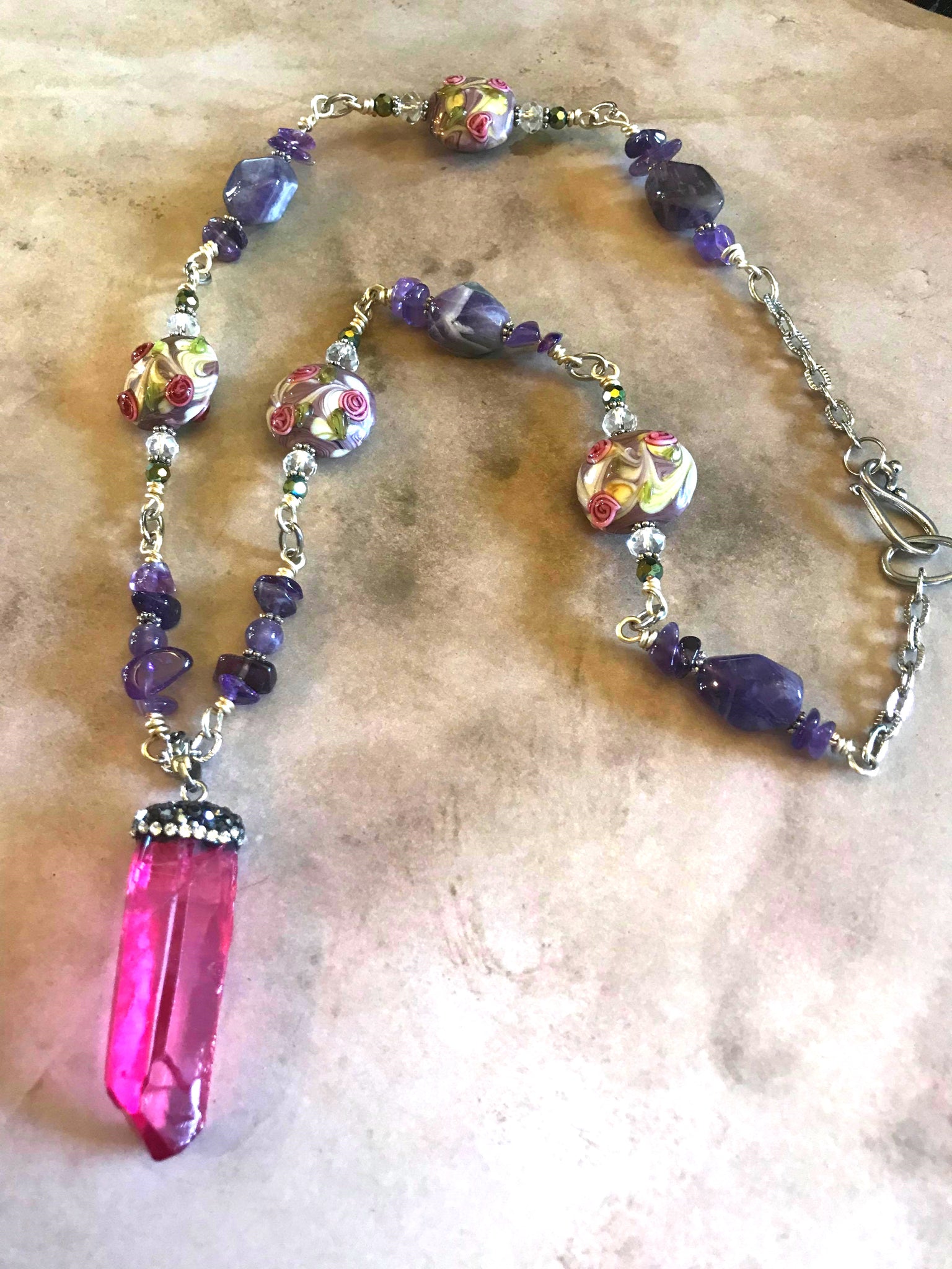 Handmade Pink Quartz & Amethyst Necklace
