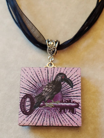 Wooden Tile Necklace - Raven & Key