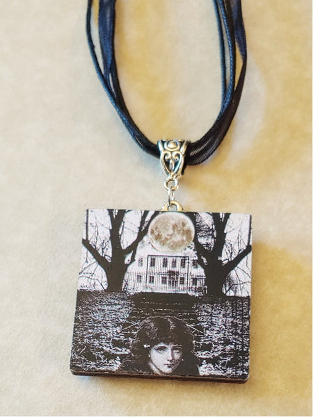 Wooden Tile Necklace - Haunted Moon