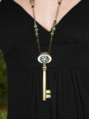 Handmade Blue Peacock Skeleton Key Necklace