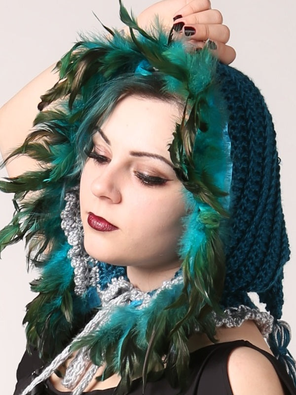 Handmade Turquoise Feathered Elf/Witch/Fairy Winter Hood